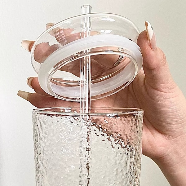 Glasskrus med lokk og glassrør, 590 ml Høy Borosilikatglass Tumbler Iskaffe Vann Smoothie Style 1