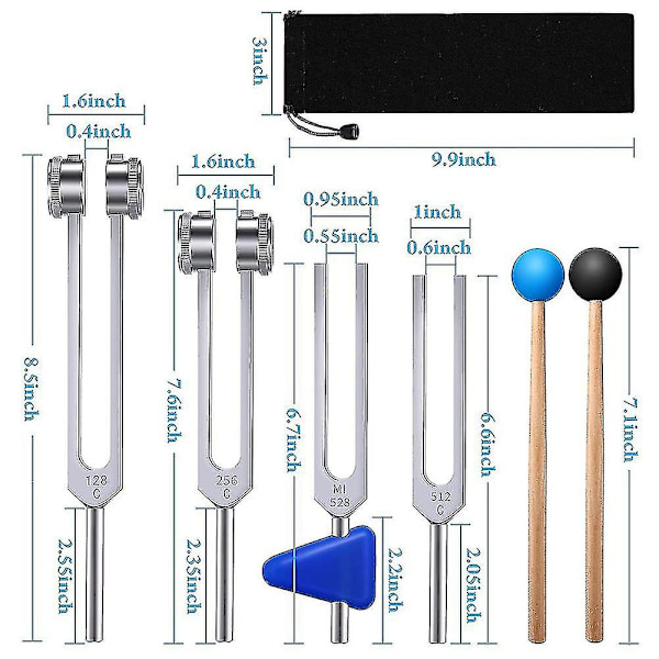 4-pakks stemmegaffelsett (128 Hz, 256 Hz, 512 Hz, 528 Hz) med stemmegaffelhammer for lydlydvibrering -ys