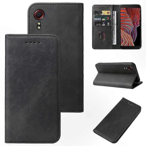 Durable Magnetic Leather Cover with Secure Snap Closure - Protective Case for Galaxy Xcover 5 Black