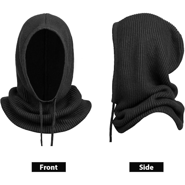 Vinterstrikket Beanie til Kvinder - Varmt Hætte-Halsklæde med Snøre 1 Pc Hooded Hat: Black