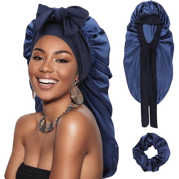 Long Satin Sleep Cap for Women - Silk Night Cap with Elastic for Curly Hair