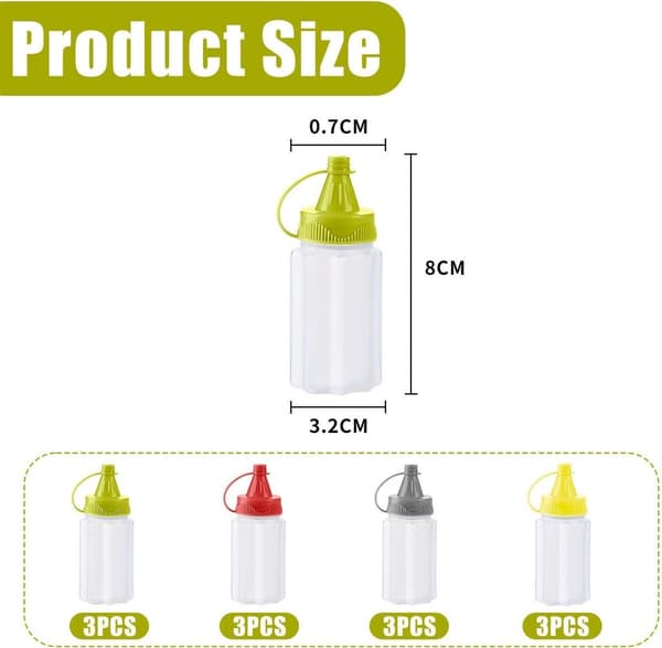 12 kappaletta - 3,2*3,2*8cm - Kastikepullot - Kannettavat kastikepullot - Mini kastikepullot - Puristepullo - Tiiviit muoviset kastikepullot