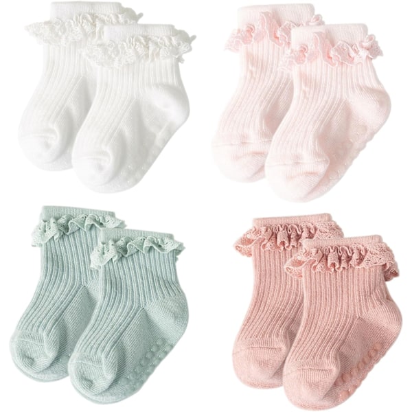 Baby Blonder Strømper med Sløjfe - Pyntede Ankelstrømper til Nyfødte og Småbørn 4 Pairs Lace Socks Set-B01 0-12 months