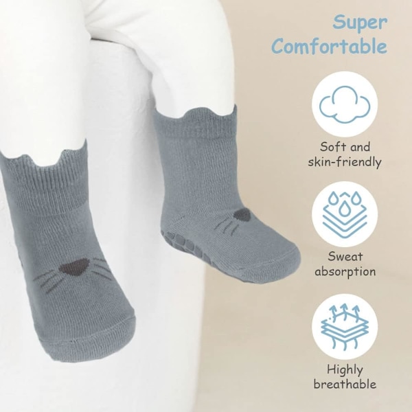 Sklisikre babysokker, 5 par, 100% bomull med silikon-grep, unisex for 0+ måneder Cat Ear 0-12 months