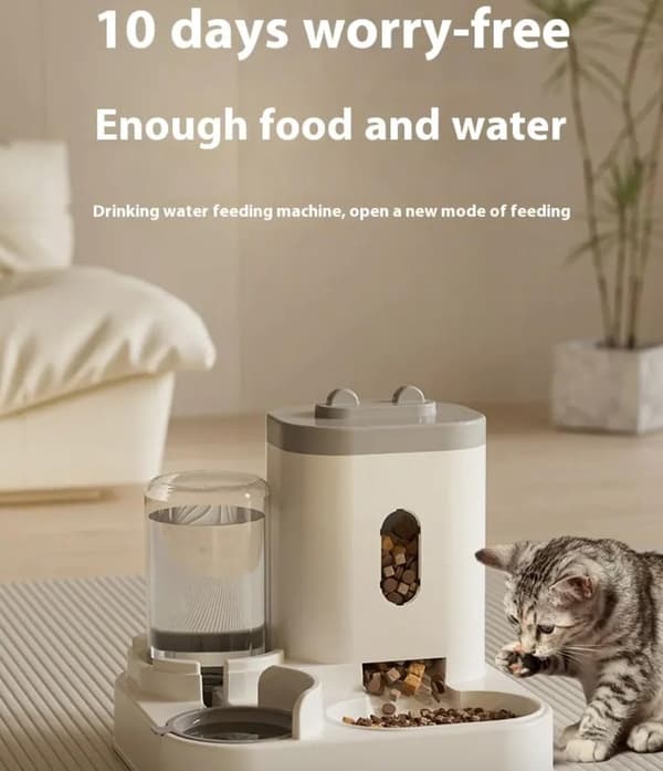 Automatisk kæledyrsfoder- og vanddispenser, tyngdekraftsfodret, anti-vælte, 2,3L/1L, til katte og små hunde, kakigrøn, 27 x 23 x 27 cm