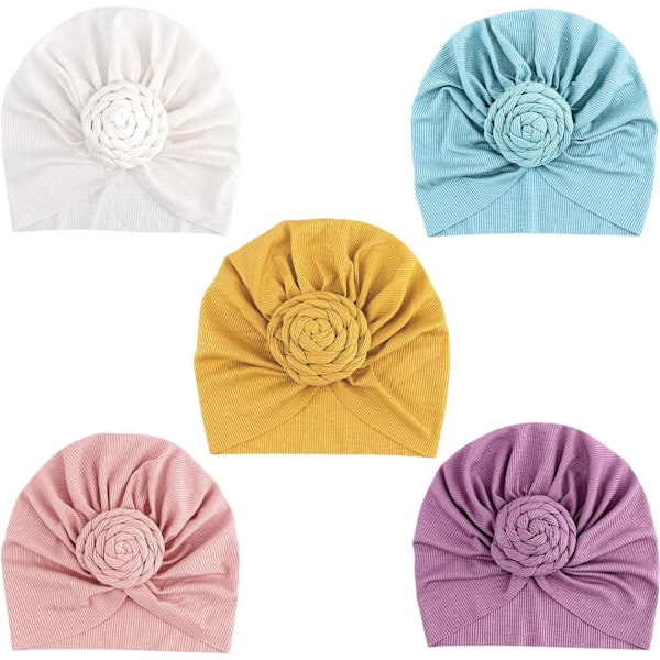 5-pakks Baby Turban Hater - Myke Knott Baby Beanies for Jenter og Småbarn 5 Pack Donut Flower D / 3-24 Months