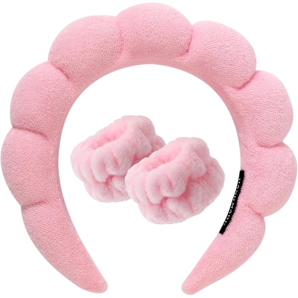 Spa-Huvudband & Armband Set för Kvinnor - Mjuk Terryduk Halksäker Ansiktsrengöringstillbehör 1 Set: Pink