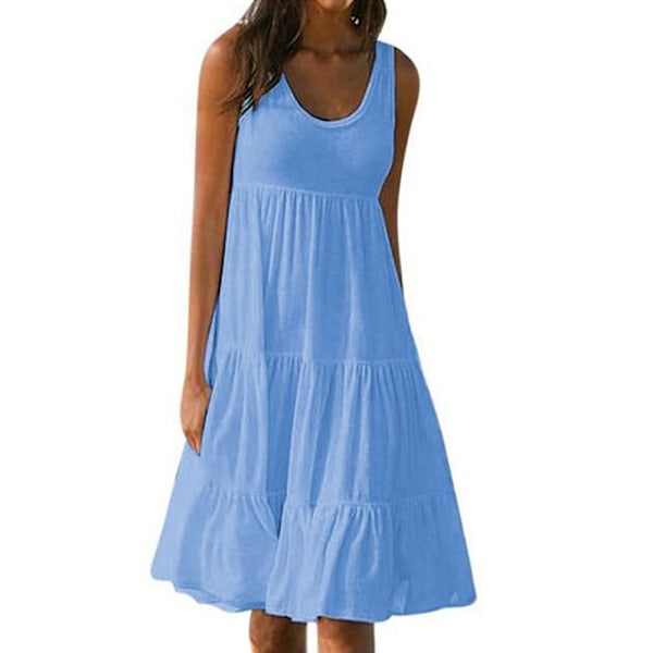 Sommerkjole til damer, løs pasform, flæse, mini, strand, afslappet, ferie, himmelblå Sky blue 4XL