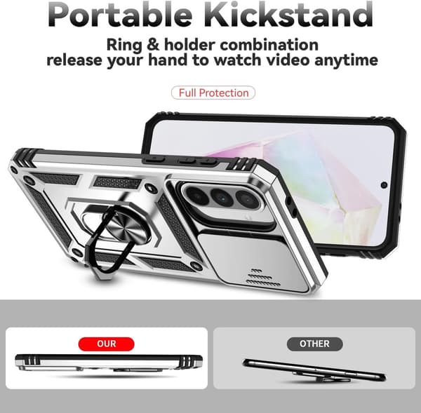 Samsung Galaxy A56 5G Fodral, 360° Kameraskydd, Skjutbart Skydd, Stötsäker PC-rustning, Ringstöd, Kompatibel med Bilfäste, Silver