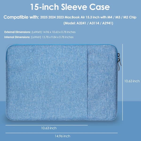15-tums laptopfodral, vattenavvisande canvas, mjukt mockafoder, tillbehörsfickor, för 15,3-tums MacBook Air, resor, blå
