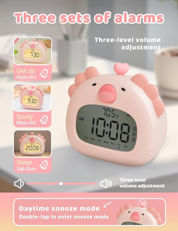 Børnevækkeur, salamanderformet digital søvntræner med LED-display, 3 alarmer, nedtællingstimer, USB-C genopladelig, pink