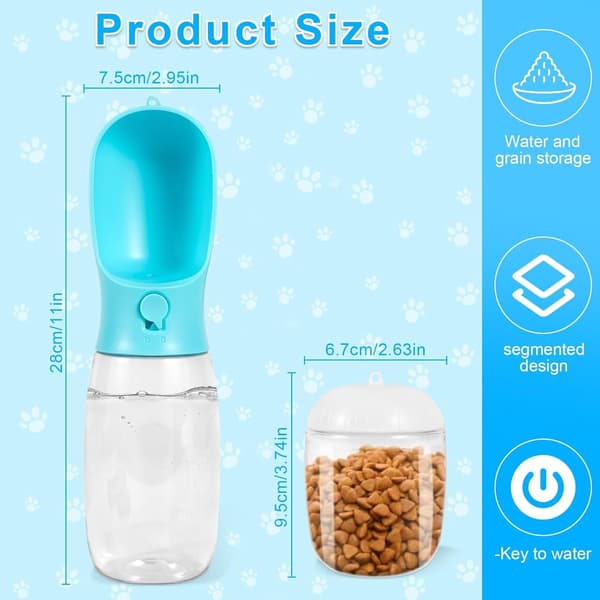 Bärbar 2-i-1 Hundvattenflaska - Hundvattenflaska 550ml - Matförvaring 100gram - Dricksflaska