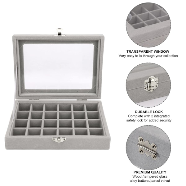Smykkeboks Smykkeorganisator for Ring Ørepynt Halskjede Smykkevisningsboks Oppbevaringsboks Smykkeutstilling med Lopp Gray 24 grid