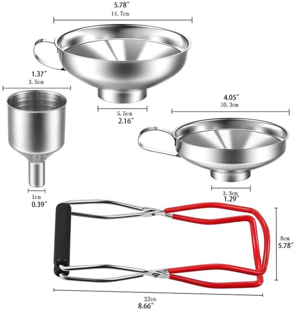 4-delat konserveringstrattset, rostfritt stål med bred öppning, burklyftare, diskmaskinssäkert för hemkonservering, sylt och vätskor, silver