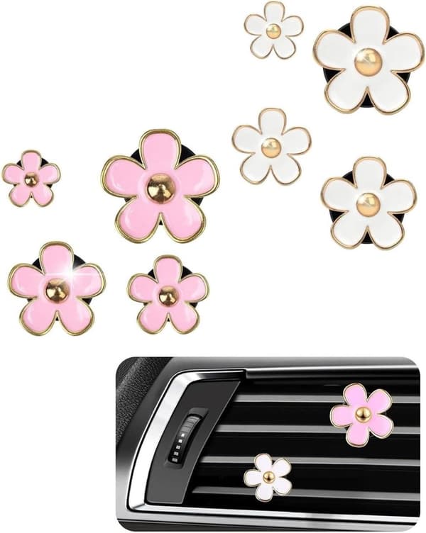 Allecto Premium - 8-delt Blomsterdekorasjonssett for Bilinteriør med Eterisk Olje Diffuser - Rosa Hvit - Trenger du biltilbehør?