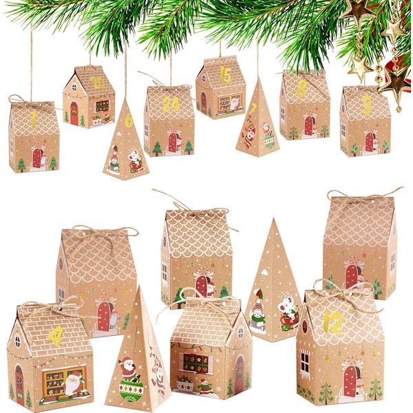 24 Stycken Adventskalender Presentaskar - Julgodisaskar Presentförpackning - Triangulära Adventskalender Presentaskar - Jul