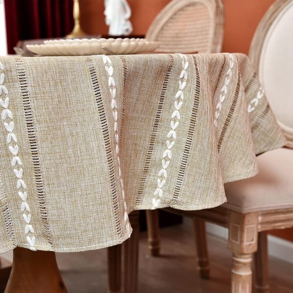 Oval duk, bomullslin, brodert stripet design for spisebord, restauranter og fester, kaffe, 140 x 220 cm