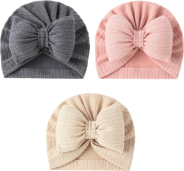 Baby Turbanhat med stor sløjfe, beige og grå, 2 stk., til 2-16 måneder