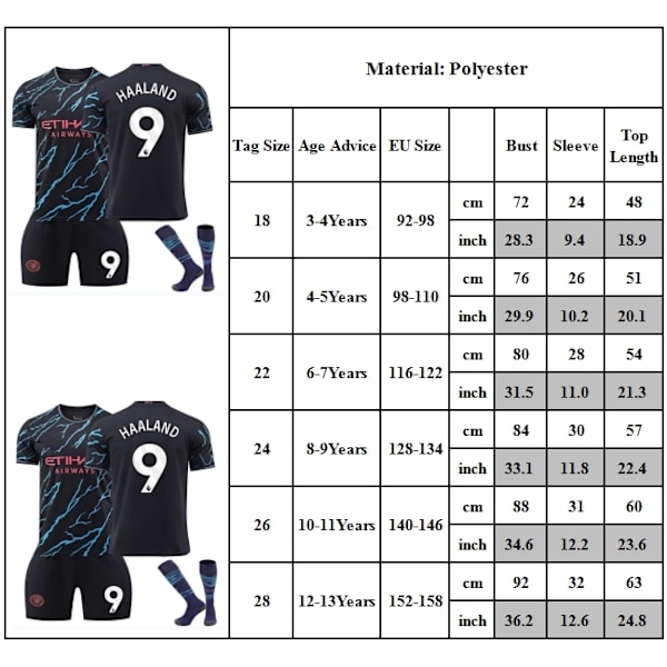 Fodboldtrøje Børn Haaland #9 Fans Fodboldtrøjesæt Hjemme Kamp Børn Drenge Trøje Sportstøj Trøje + Shorts + Strømper-Xin 8-9Years