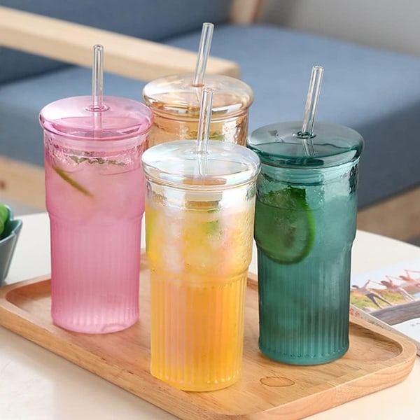 Lasimukit kannella ja lasipilleillä, 590 ml Korkea Borosilikaattilasi Juomalasi Jääkahville Vesi Smoothie Style 4