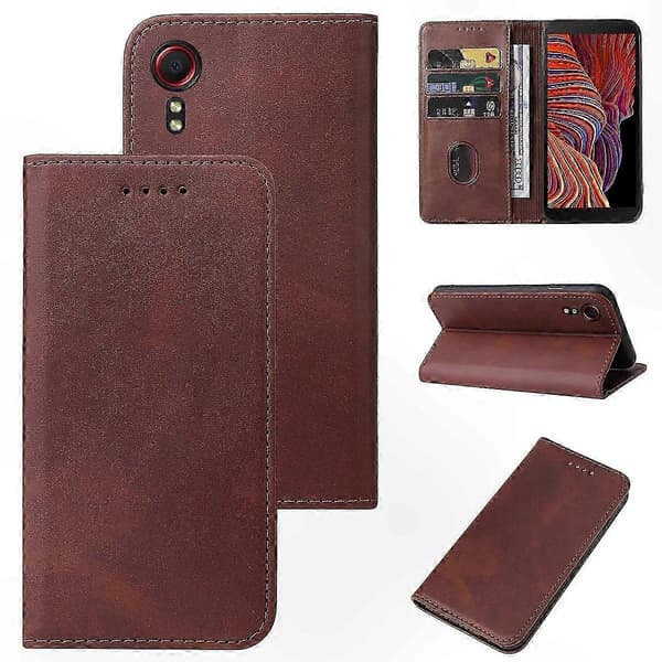 Durable Magnetic Leather Cover with Secure Snap Closure - Protective Case for Galaxy Xcover 5 Brown