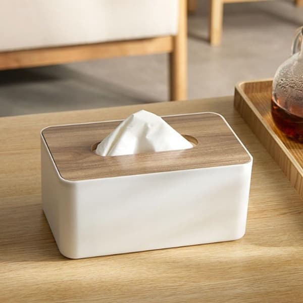 Näsdukslåda med trälock, hållbar PP halkfri rektangulär förvaring för hem, kontor, bil, vit 21x13cm