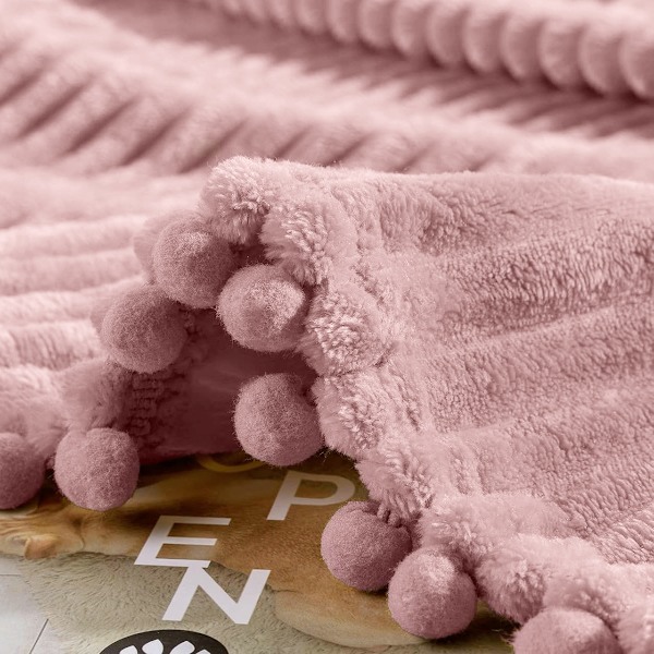 Flanellfilt med Pompom-Kant Lätt och Mysig Sängfilt Mjuk Pläd Passar Soffa Lämplig för Alla Säsonger (51x63) pink