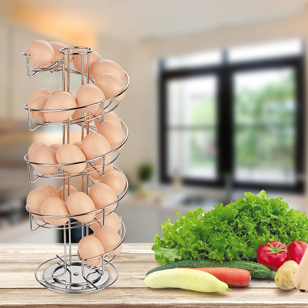 Eggdispenser, eggspiral i rustfritt stål, spiraldesign, eggstativ for oppbevaring av ca. 30-36 egg, sølv Silver