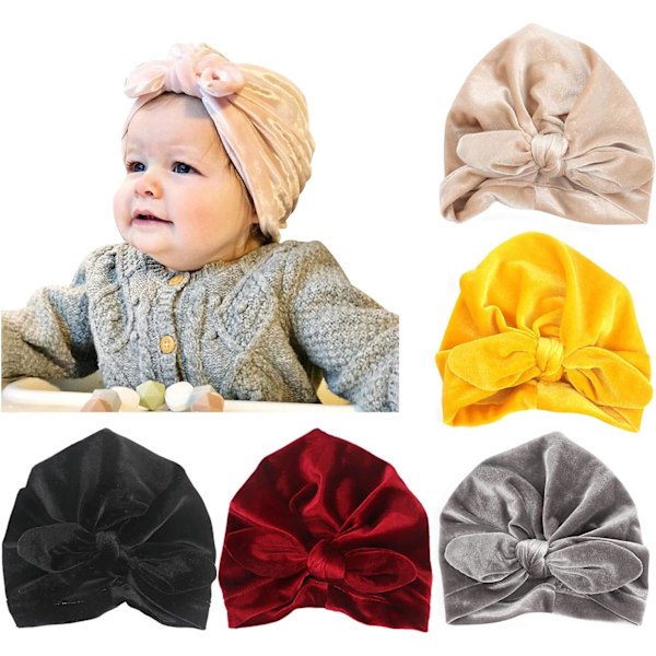 5-pack Baby Turbanhattar - Mjuka Knutska Bebis-mössor för Babyflickor och Småbarn 5 Pack Knot Velvet Ear / 1-6 T