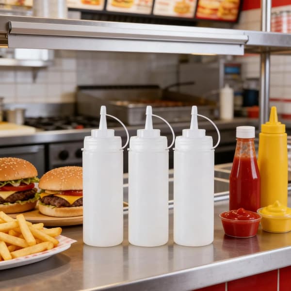 Plastflaskor för kryddor, 3-pack med spetslock, 32 oz för sås, ketchup, senap och olivolja, vit