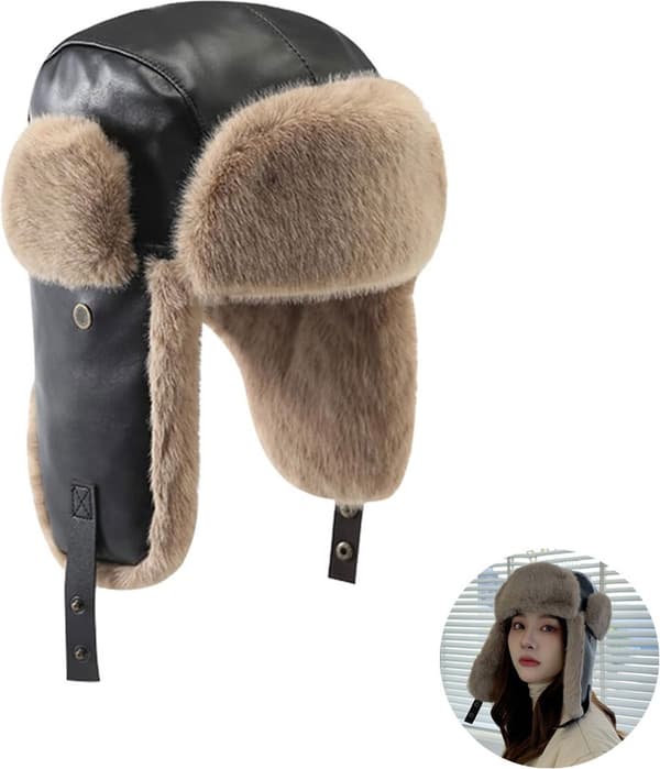 Læder pilot hat, russisk hat, unisex skihue med øreklapper og ansigtsbeskyttelse, pelshue, sort, 1 stk.