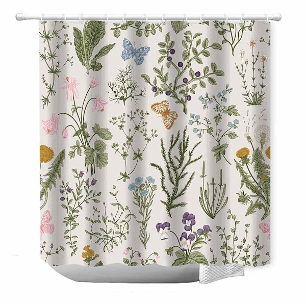 Vintage Blomstret Dusjforheng, Salviegrønt Retro Botanisk Dusjforhengsett, Boho Planter Urter Blomst Sommerfugl Estetisk Dusjforheng 180*200cm