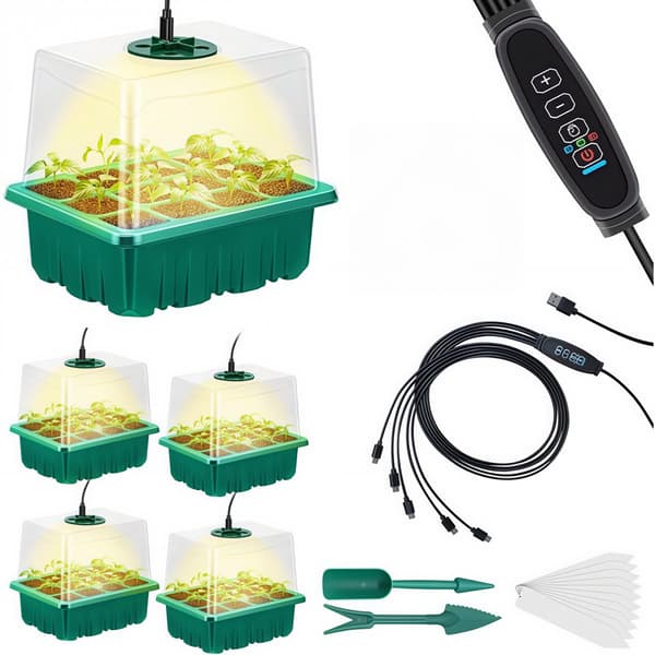 LED-startkit för fröer, 5-delad USB-driven, fullspektrum växtbelysning, dimbar timer, justerbar luftfuktighet, 60 celler, inomhusträdgård