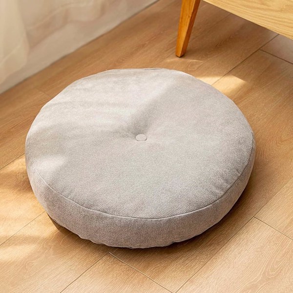 Rund gulvpude 55 cm, boosterpute kledd i 100 % bomull ekstra fast tykk sitteunderlag voksenstol/lenestol/hage stol grå,C