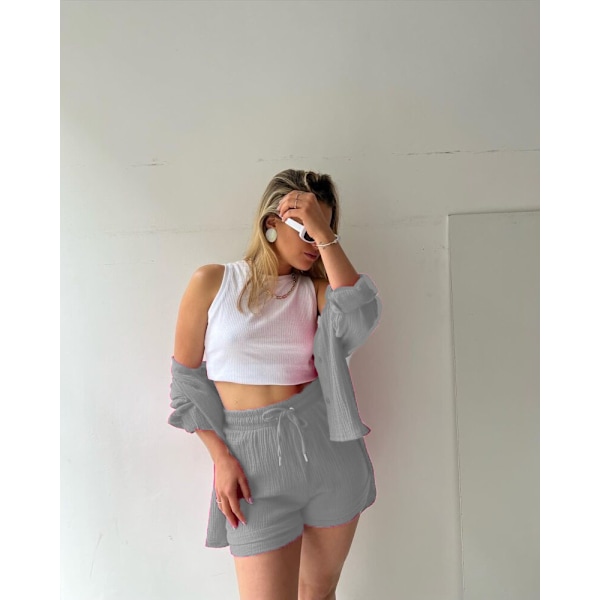 Dame 2-delt bukse sett Lin Skjorte shorts sett Lys Grå Light Gray L
