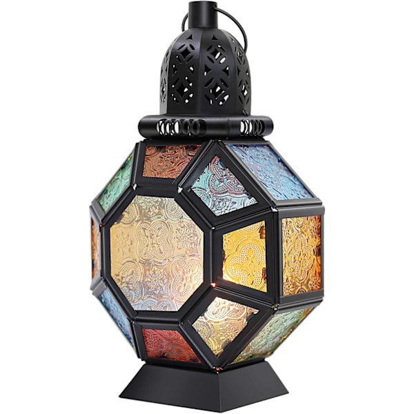 Fargerik marokkansk lysestake, bærbar glasslampe hengende lykt for hjem, Ramadan-dekorasjon, pynt - Svart + Fargerik