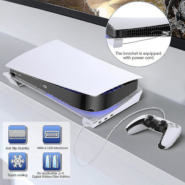 Horizontal Stand for PS5 with 4 USB Expansion, Cabinet Console Laydown Holder, For Playstation 5 Slim
