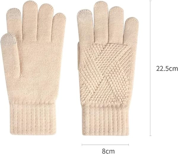 Vinterhandsker til kvinder, varme strikkede, fleeceforede, touchscreen-design med to fingre, til vintervandring og kørsel, beige, one size