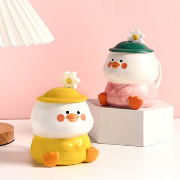 Rolig Ankmugg 3D Söt Mugg Keramisk Kaffemugg med Sked och Lock Kawaii Mugg Djurmugg för Kvinnor Flickor Söta Födelsedags Julklappsidéer Yellow