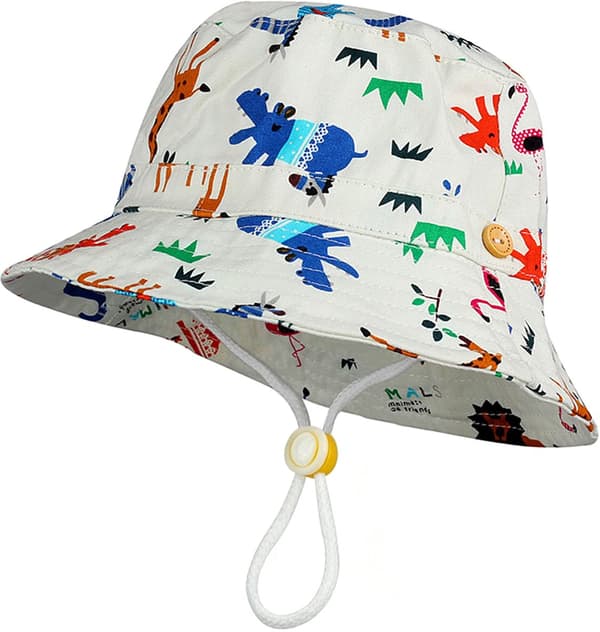 Solhatt för spädbarn, bred brätte, justerbar hakrem, lätt andningsbart tyg, tecknat tryck, utomhusaktiviteter, S 48 cm
