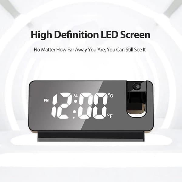 Digital projektionsväckarklocka, 180° roterande LED-spegeldisplay, dubbla larm, USB-driven, sängbord, 2-pack, svart