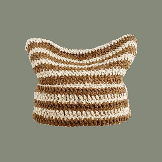 Kattöronmössa, Vintermössa, Stickad Baotou-mössa, Stickad Mössa med Kattöron, Casual Vintermössa, Unisex Randig Kattöronmössa (Risfärg)_jarx