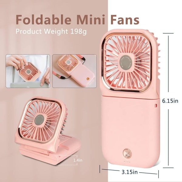 Håndholdt bærbar ventilator, 3000mAh 3 hastigheder batteridrevet USB-opladelig mini lille håndventilator, Power Bank foldbar lydløs bordventilator pink