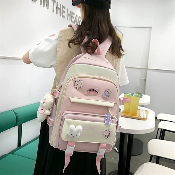 5-pak Kawaii Rygsæk Sæt med Bjørnvedhæng, Tilbage til Skolen-tilbehør, Søde Kaninbrocher Stor Canvas Skoletaske med Håndtaske (rosa)