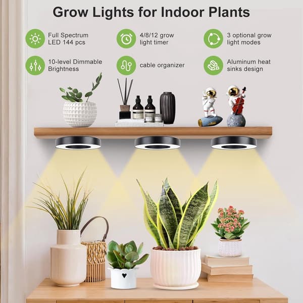 LED-plantegrowlight, fuldspektrum, 144 LED'er, dæmpbar med 4/8/12H timer, USB 5V, til små indendørs planter, sort, 19x12x4cm
