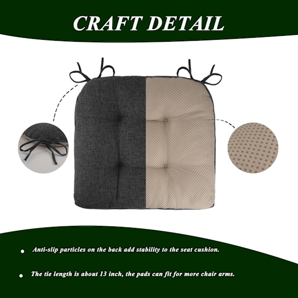 Halkfria stolsdynor för matstolar, set om 4, 46*43*9 cm sittdyna med band dark gray