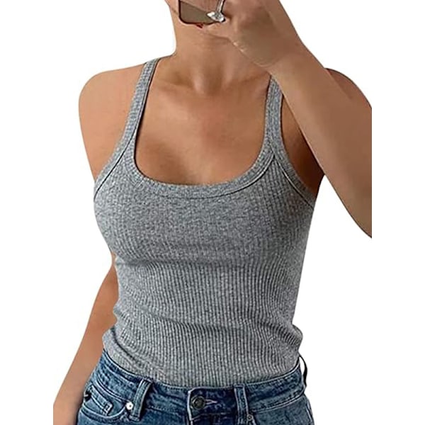 Scoop Neck Ribbestrikket Tanktopp for Kvinner Trenings Ermeløs Cami Skjorte Grå Grey XS
