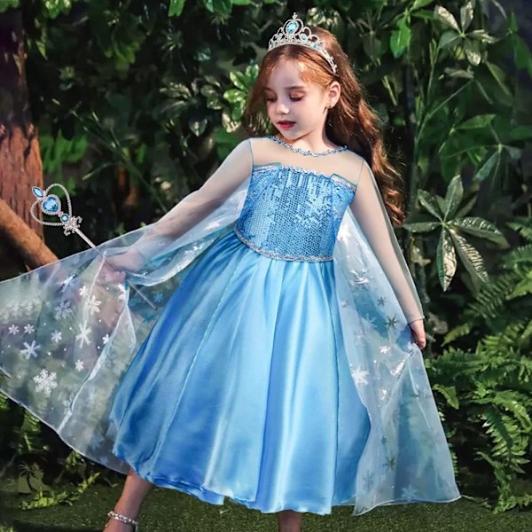 Prinsessan Elsas Klänning - Kostym med Tiara och Trollstav för Cosplay, Jul, Halloween eller Födelsedag Blue-9 pcs 6-7 years