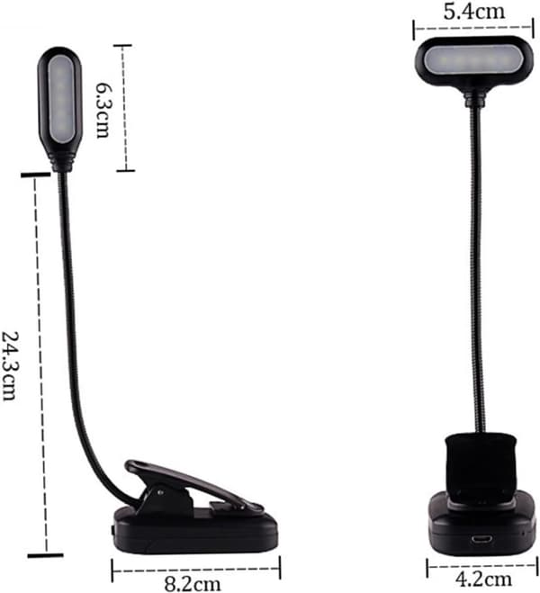 LED-boklys, USB oppladbart, 3-nivå dimming, 360° roterbart, magnetisk base og klips, for nattbord, reise, camping, svart