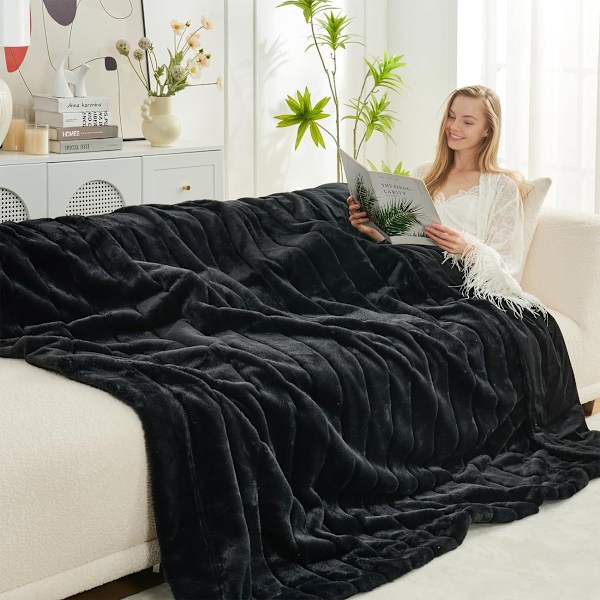 Koselig Luksuriøst Kunstig Pelspledd for Sofa, Mykt og Plysj Tykt Vinterpledd for Sofa Soverom Stue, 50 * 60 Tommer black